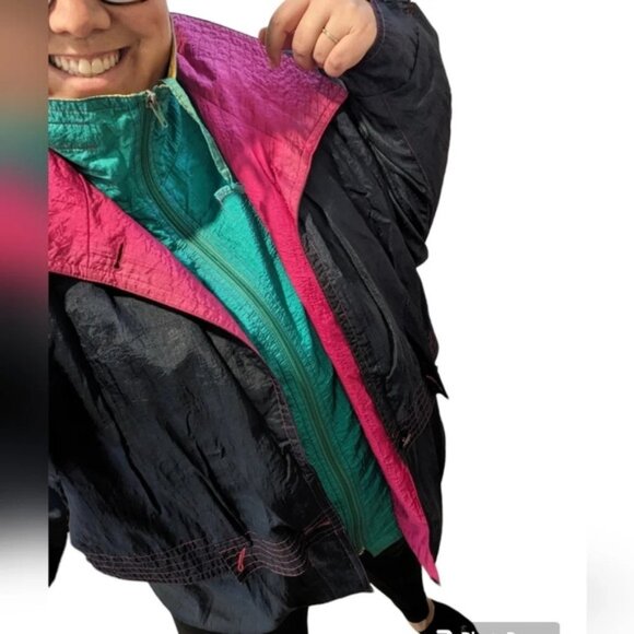 Vintage 80s Nuage Multicolour Navy Yellow Pink  Wind Breaker Jacket Size 44 3XL - Picture 5 of 16